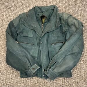 VTG Midway Mens Distressed Leather Bomber Jacket Green